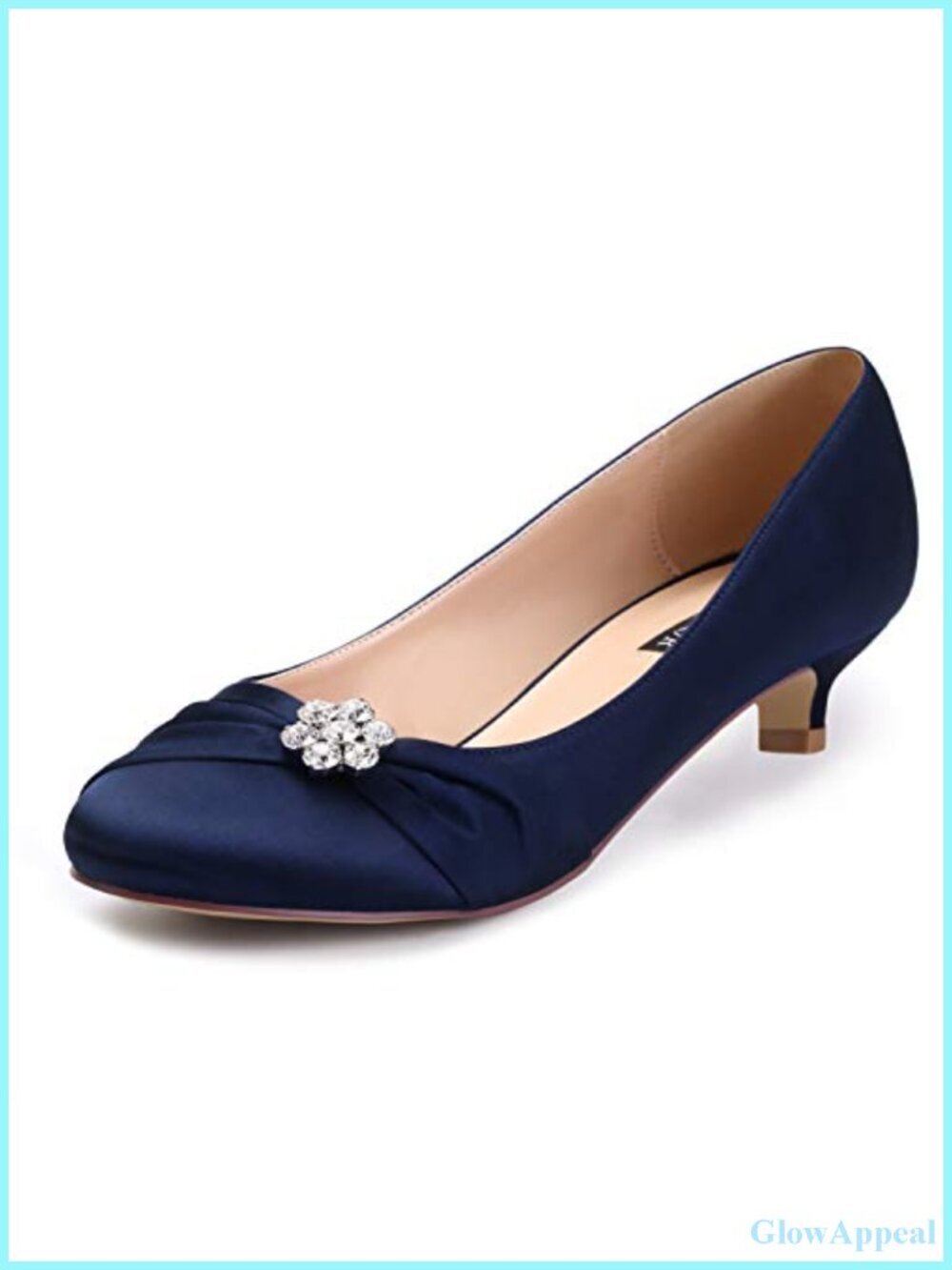 Satin Kitten Heel Pumps with Rhinestone Brooch Closed Toe Wedding Shoes